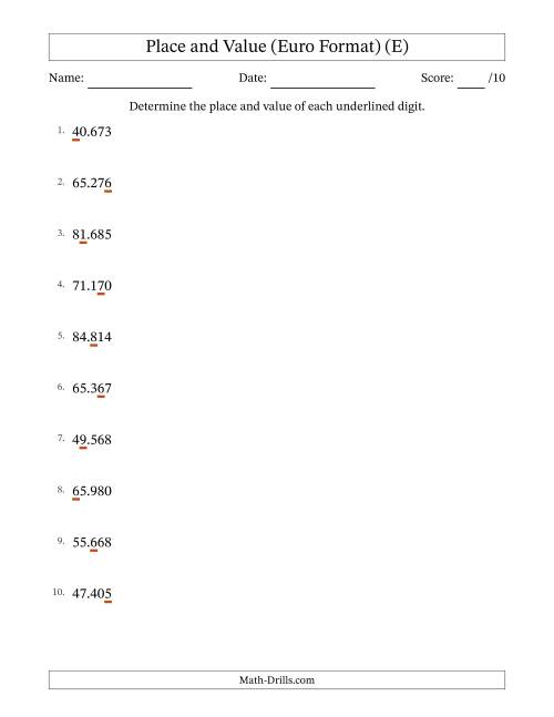 The Euro Format Determining Place and Value from Ones to Ten Thousands (E) Math Worksheet