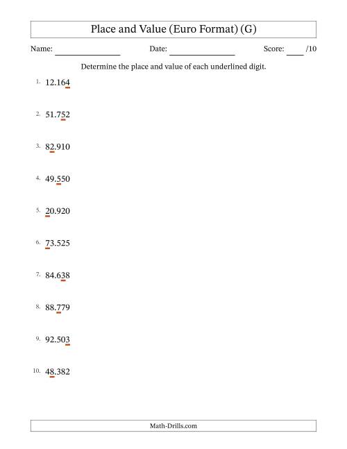 The Euro Format Determining Place and Value from Ones to Ten Thousands (G) Math Worksheet