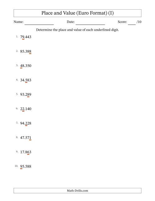 The Euro Format Determining Place and Value from Ones to Ten Thousands (I) Math Worksheet