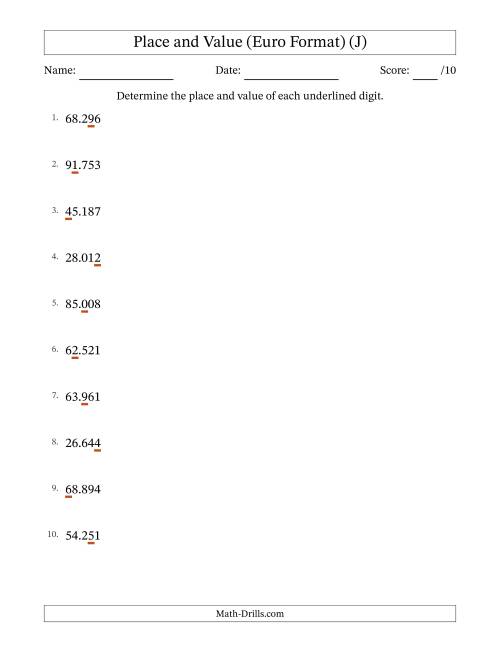 The Euro Format Determining Place and Value from Ones to Ten Thousands (J) Math Worksheet