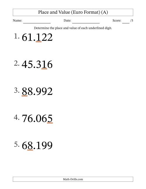 The Euro Format Determining Place and Value from Ones to Ten Thousands (Large Print) (A) Math Worksheet