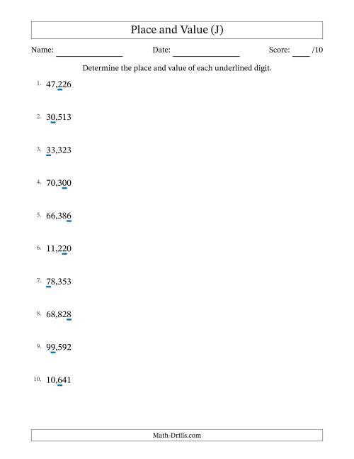 The Determining Place and Value from Ones to Ten Thousands (J) Math Worksheet