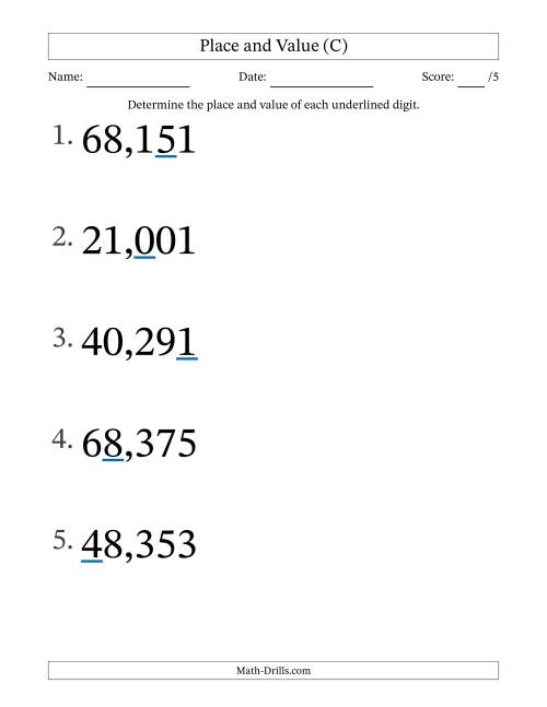 The Determining Place and Value from Ones to Ten Thousands (Large Print) (C) Math Worksheet