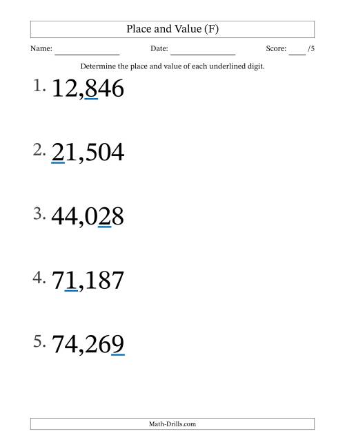 The Determining Place and Value from Ones to Ten Thousands (Large Print) (F) Math Worksheet