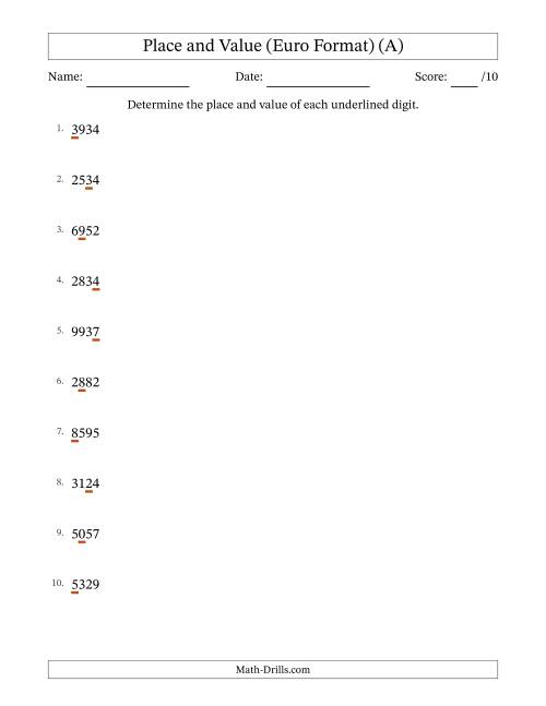 The Euro Format Determining Place and Value from Ones to Thousands (A) Math Worksheet