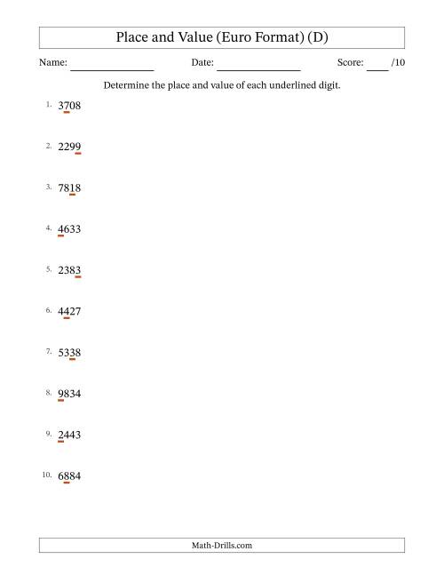 The Euro Format Determining Place and Value from Ones to Thousands (D) Math Worksheet