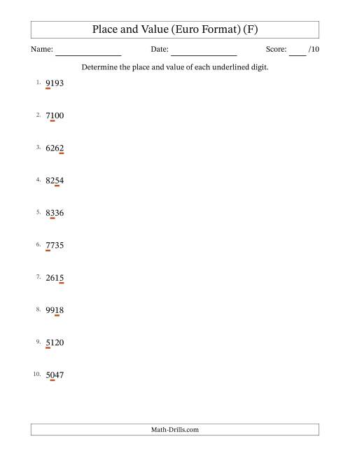 The Euro Format Determining Place and Value from Ones to Thousands (F) Math Worksheet