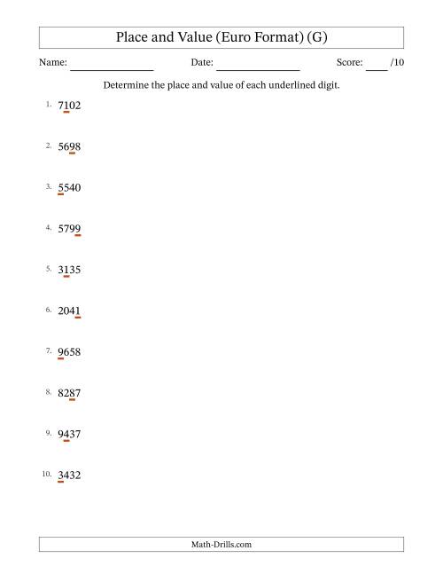 The Euro Format Determining Place and Value from Ones to Thousands (G) Math Worksheet