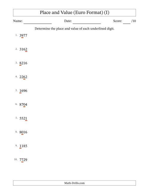 The Euro Format Determining Place and Value from Ones to Thousands (I) Math Worksheet
