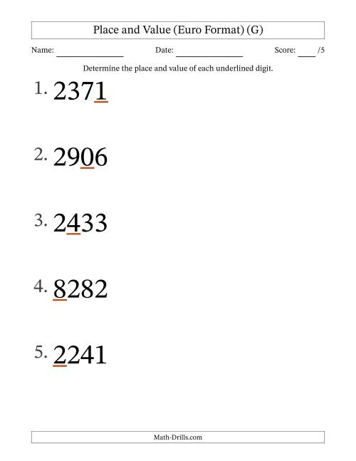 The Euro Format Determining Place and Value from Ones to Thousands (Large Print) (G) Math Worksheet