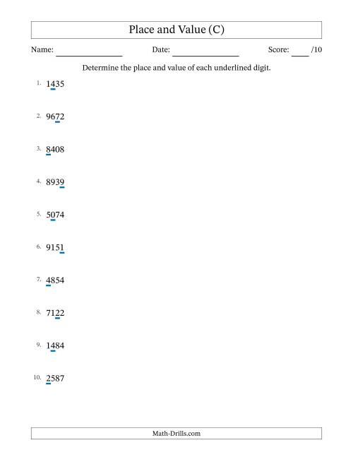 The Determining Place and Value from Ones to Thousands (C) Math Worksheet