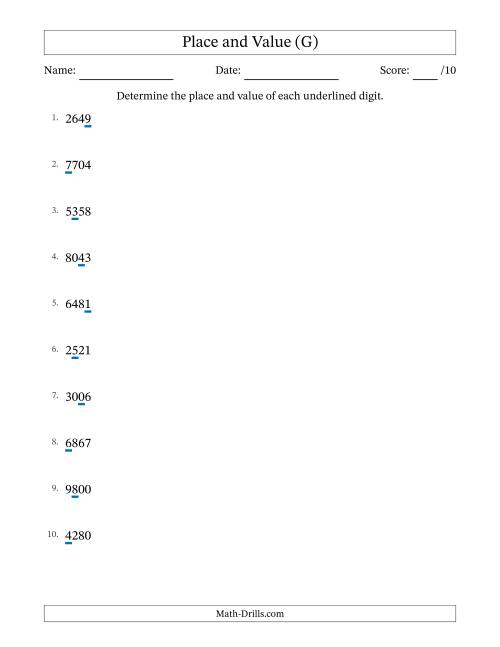 The Determining Place and Value from Ones to Thousands (G) Math Worksheet