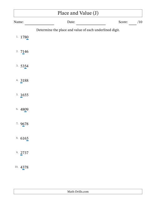 The Determining Place and Value from Ones to Thousands (J) Math Worksheet