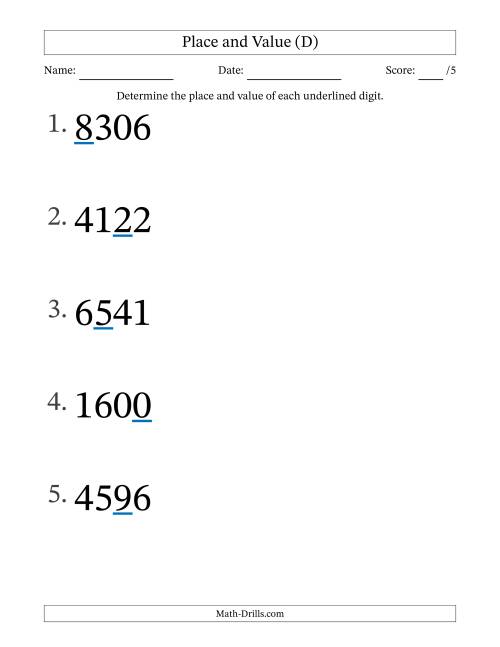 The Determining Place and Value from Ones to Thousands (Large Print) (D) Math Worksheet