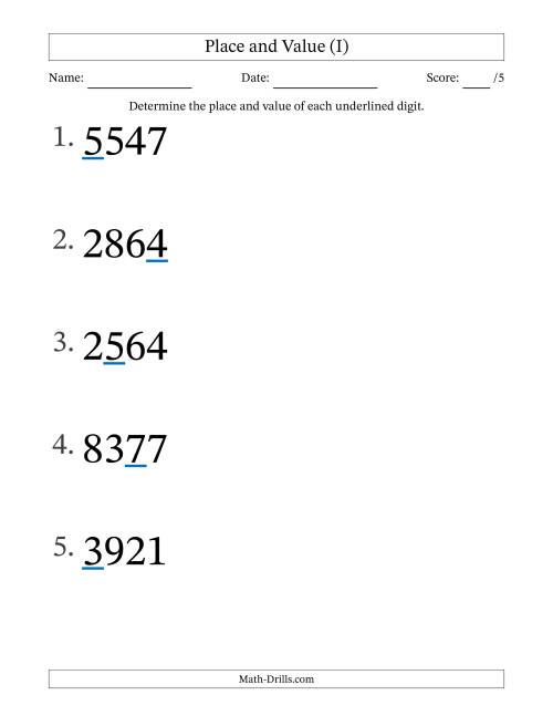 The Determining Place and Value from Ones to Thousands (Large Print) (I) Math Worksheet