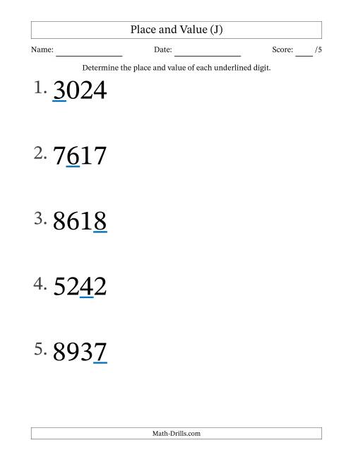 The Determining Place and Value from Ones to Thousands (Large Print) (J) Math Worksheet