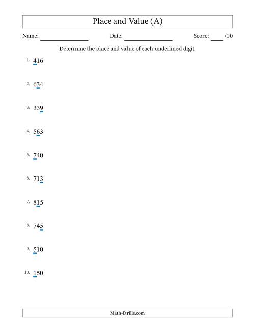 The Determining Place and Value from Ones to Hundreds (A) Math Worksheet