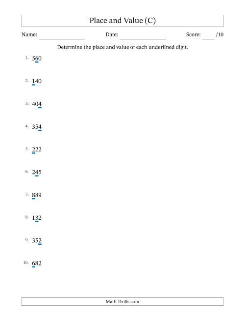 The Determining Place and Value from Ones to Hundreds (C) Math Worksheet