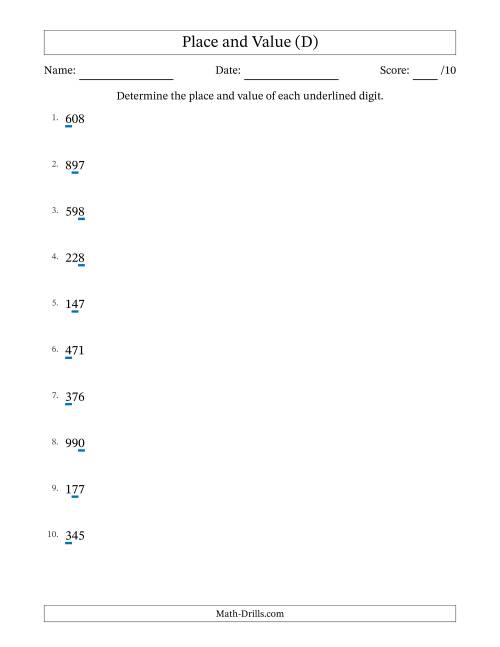 The Determining Place and Value from Ones to Hundreds (D) Math Worksheet