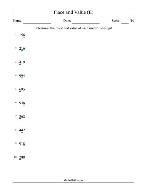 The Determining Place and Value from Ones to Hundreds (E) Math Worksheet
