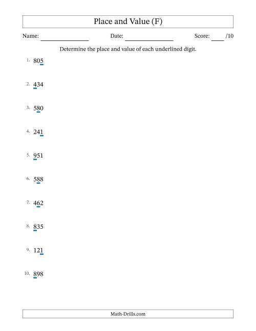 The Determining Place and Value from Ones to Hundreds (F) Math Worksheet
