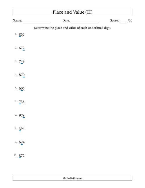 The Determining Place and Value from Ones to Hundreds (H) Math Worksheet