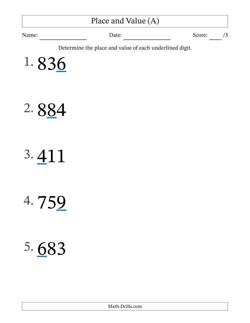 The Determining Place and Value from Ones to Hundreds (Large Print) (A) Math Worksheet