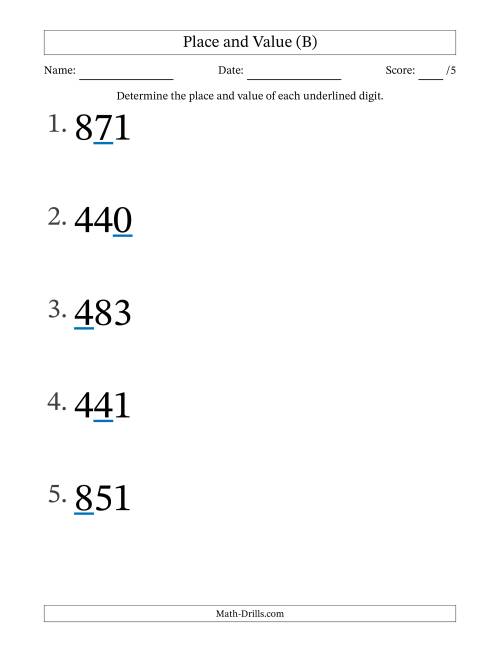 The Determining Place and Value from Ones to Hundreds (Large Print) (B) Math Worksheet