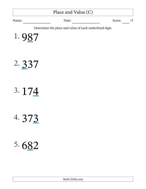 The Determining Place and Value from Ones to Hundreds (Large Print) (C) Math Worksheet