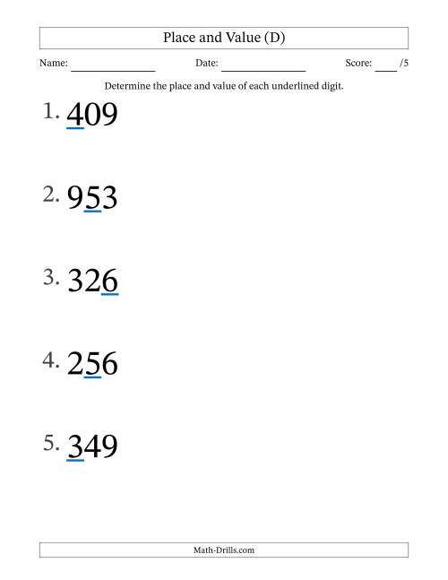 The Determining Place and Value from Ones to Hundreds (Large Print) (D) Math Worksheet