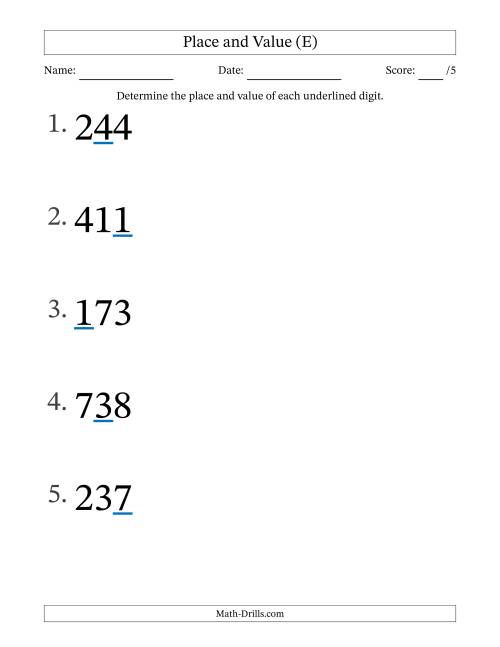 The Determining Place and Value from Ones to Hundreds (Large Print) (E) Math Worksheet