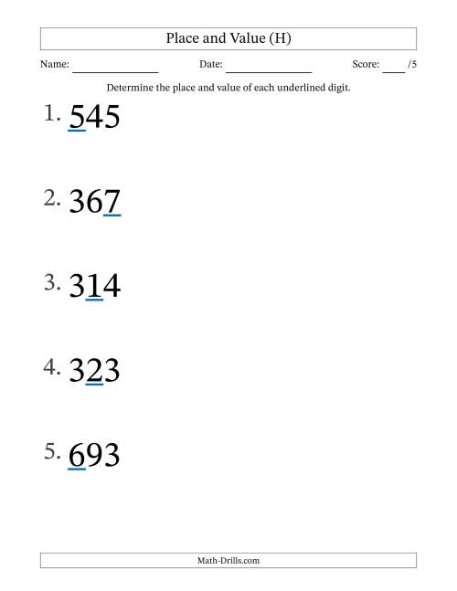 The Determining Place and Value from Ones to Hundreds (Large Print) (H) Math Worksheet