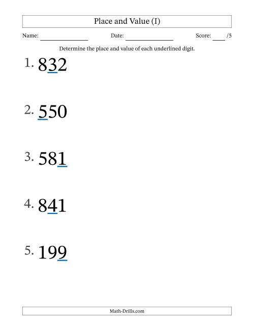 The Determining Place and Value from Ones to Hundreds (Large Print) (I) Math Worksheet