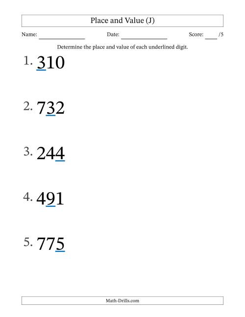 The Determining Place and Value from Ones to Hundreds (Large Print) (J) Math Worksheet