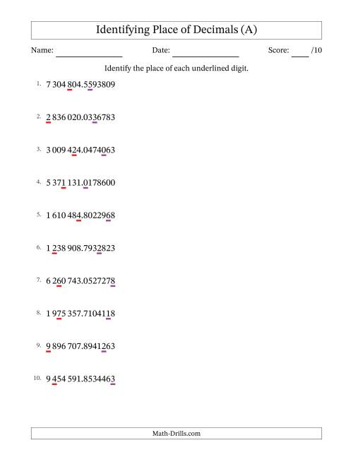 The SI Format Identifying Place of Decimal Numbers from Ten Millionths to Millions (A) Math Worksheet