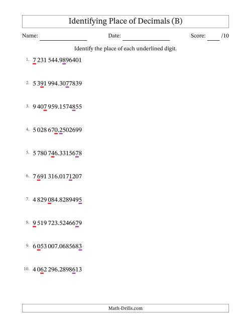 The SI Format Identifying Place of Decimal Numbers from Ten Millionths to Millions (B) Math Worksheet