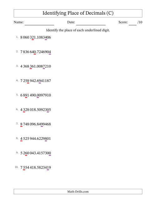 The SI Format Identifying Place of Decimal Numbers from Ten Millionths to Millions (C) Math Worksheet