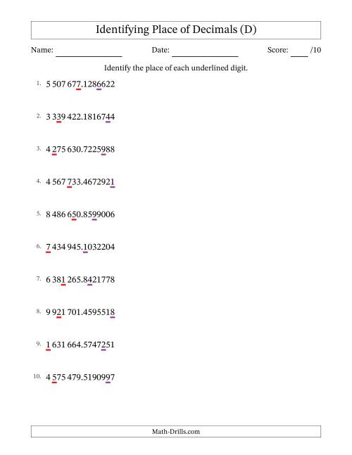 The SI Format Identifying Place of Decimal Numbers from Ten Millionths to Millions (D) Math Worksheet