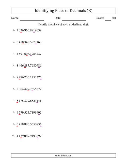 The SI Format Identifying Place of Decimal Numbers from Ten Millionths to Millions (E) Math Worksheet