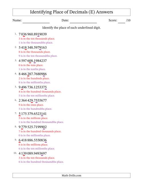 The SI Format Identifying Place of Decimal Numbers from Ten Millionths to Millions (E) Math Worksheet Page 2