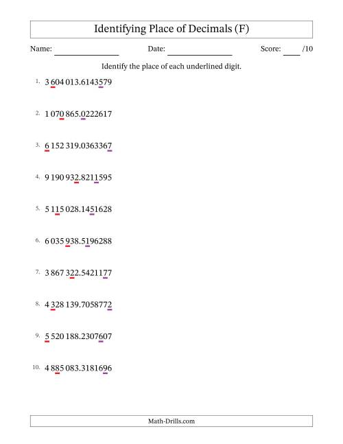 The SI Format Identifying Place of Decimal Numbers from Ten Millionths to Millions (F) Math Worksheet