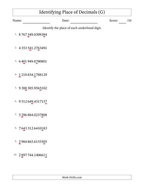 The SI Format Identifying Place of Decimal Numbers from Ten Millionths to Millions (G) Math Worksheet