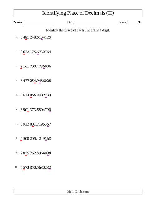 The SI Format Identifying Place of Decimal Numbers from Ten Millionths to Millions (H) Math Worksheet
