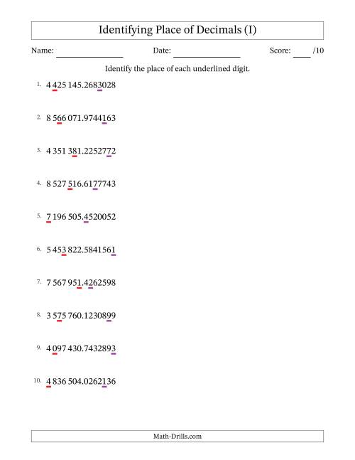 The SI Format Identifying Place of Decimal Numbers from Ten Millionths to Millions (I) Math Worksheet