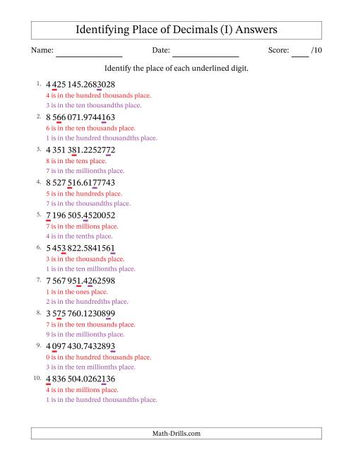 The SI Format Identifying Place of Decimal Numbers from Ten Millionths to Millions (I) Math Worksheet Page 2