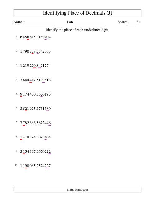 The SI Format Identifying Place of Decimal Numbers from Ten Millionths to Millions (J) Math Worksheet