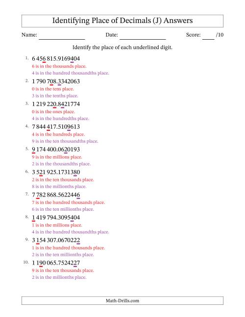 The SI Format Identifying Place of Decimal Numbers from Ten Millionths to Millions (J) Math Worksheet Page 2