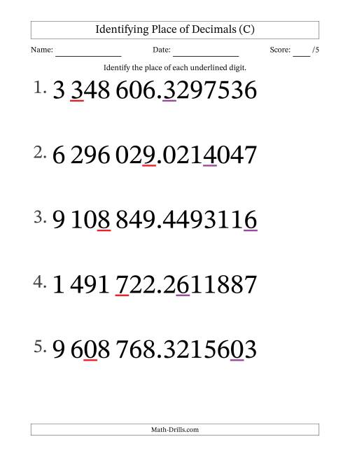 The SI Format Identifying Place of Decimal Numbers from Ten Millionths to Millions (Large Print) (C) Math Worksheet