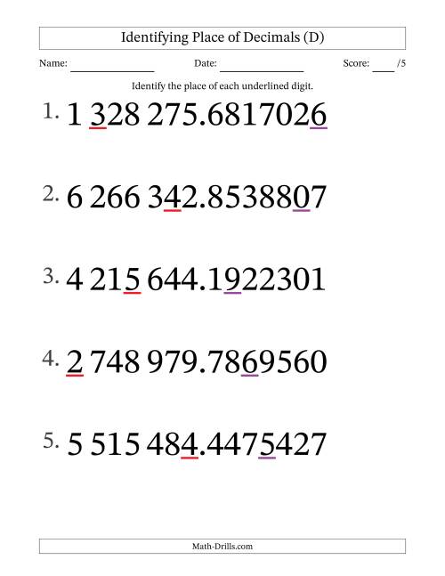 The SI Format Identifying Place of Decimal Numbers from Ten Millionths to Millions (Large Print) (D) Math Worksheet