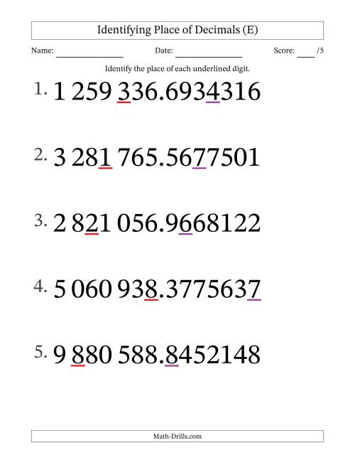 The SI Format Identifying Place of Decimal Numbers from Ten Millionths to Millions (Large Print) (E) Math Worksheet